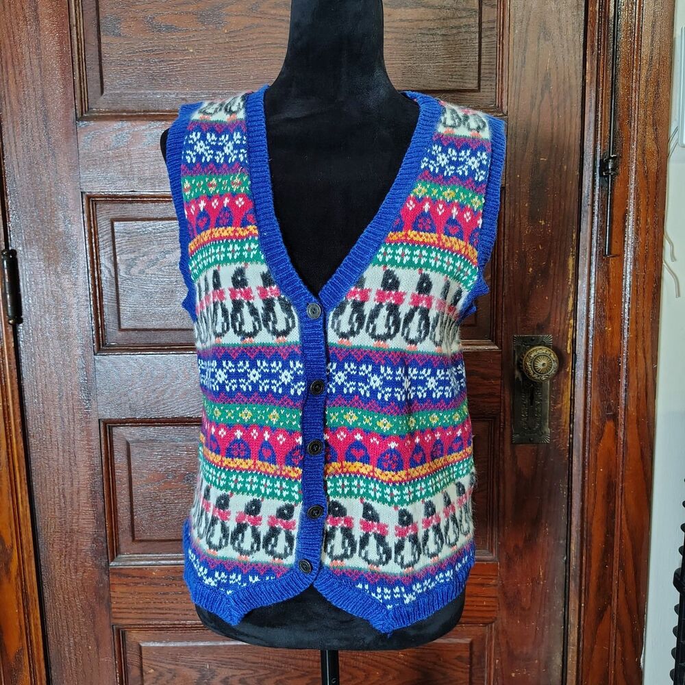Christmas Knit VTG Sweater Vest Colorful Fair Isle W Penguin Motifs Wmns/T44
